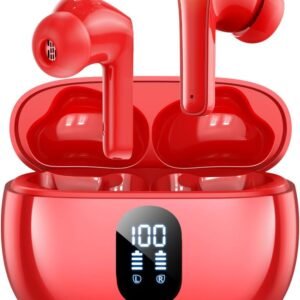 Wireless Earbuds Bluetooth 5.3 Headphones Bass Stereo Ear Buds with Noise Cancelling Mic LED Display in Ear Earphones IP7 Waterproof 36H Playtime for Laptop Pad Phones Sports Workout Red